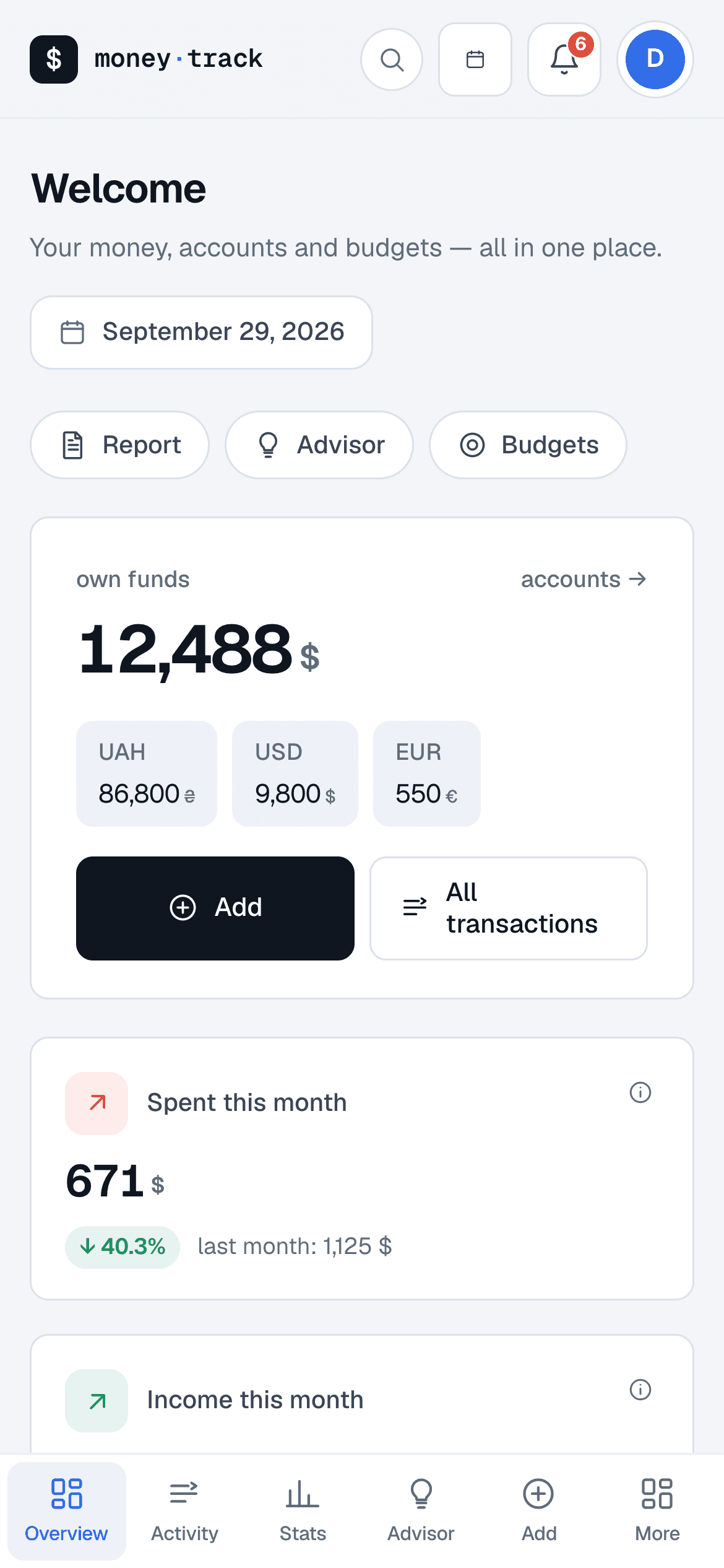 Money Track on mobile: Dashboard